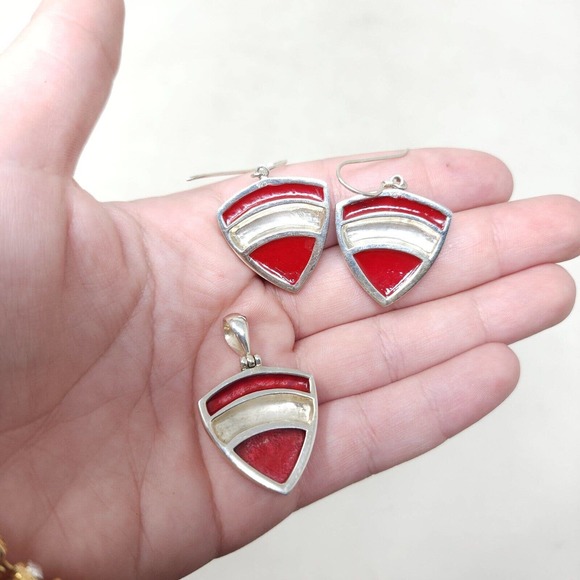 Sponge Coral Earrings Pendant Set Red Natural Marked 925 Sterling Silver 16g - Picture 5 of 7